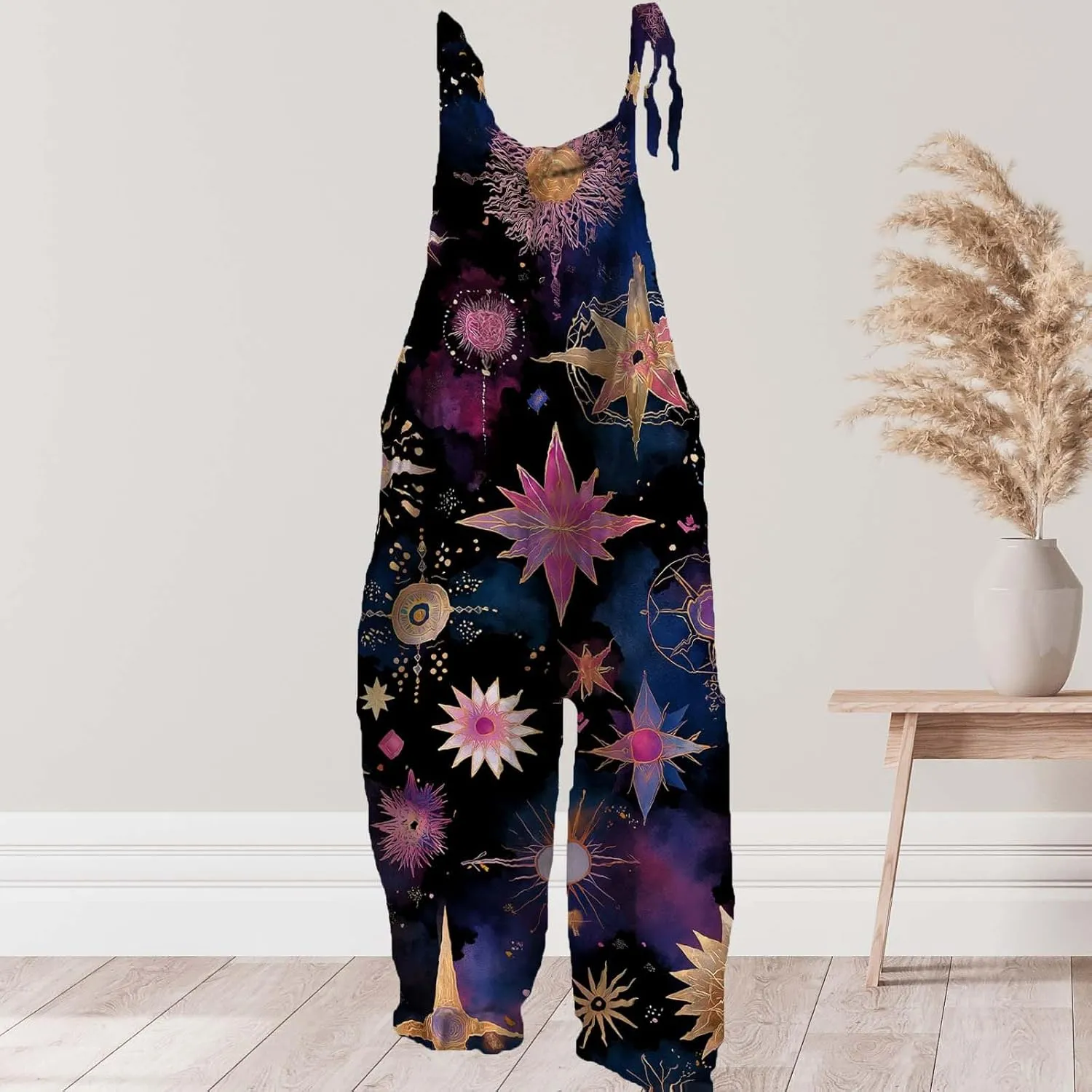 Star Printed Jumpsuits For Womens Summer Boho Cotton Linen Wide Leg Overall Halter Baggy Comfy Beach Jumpsuits