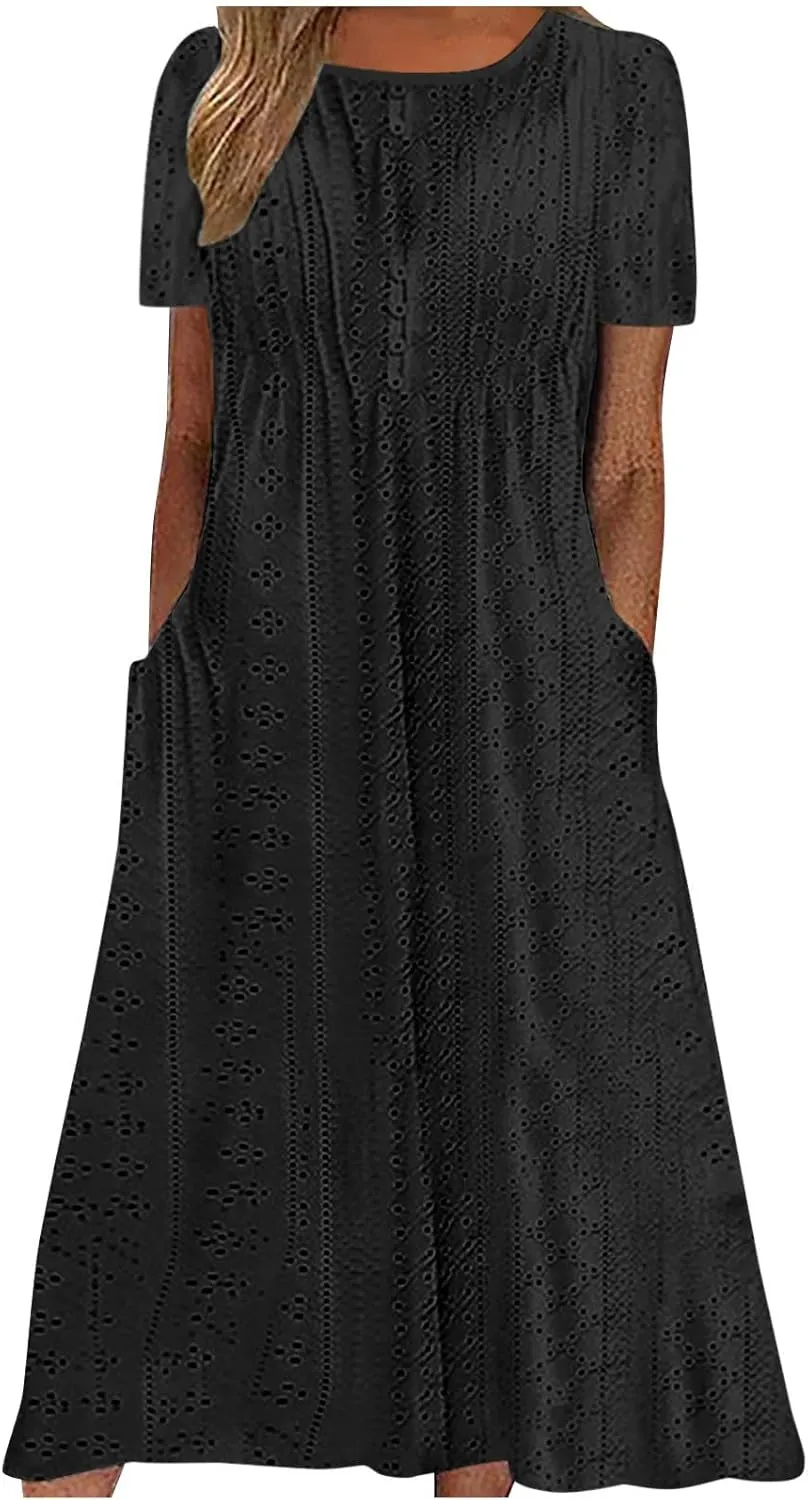 Summer Dress for Women Crochet Eyelets Pleated Beach Dresses Loose Short Sleeve Casual Tiered Midi Pocket Dress
