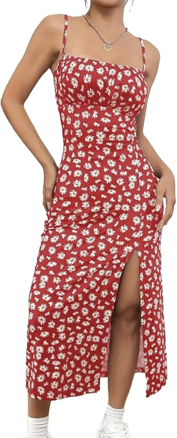 Summer Dresses for Women Boho Floral Spaghetti Strap Side Slit High Waist Long Dress Beach Vacation Sundress