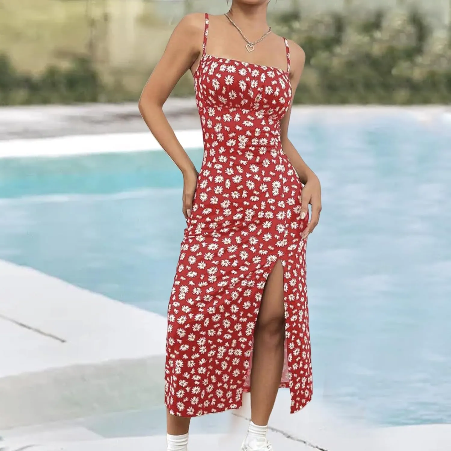 Summer Dresses for Women Boho Floral Spaghetti Strap Side Slit High Waist Long Dress Beach Vacation Sundress