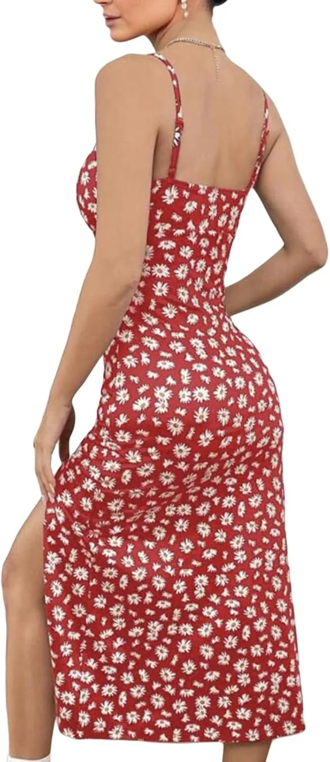 Summer Dresses for Women Boho Floral Spaghetti Strap Side Slit High Waist Long Dress Beach Vacation Sundress