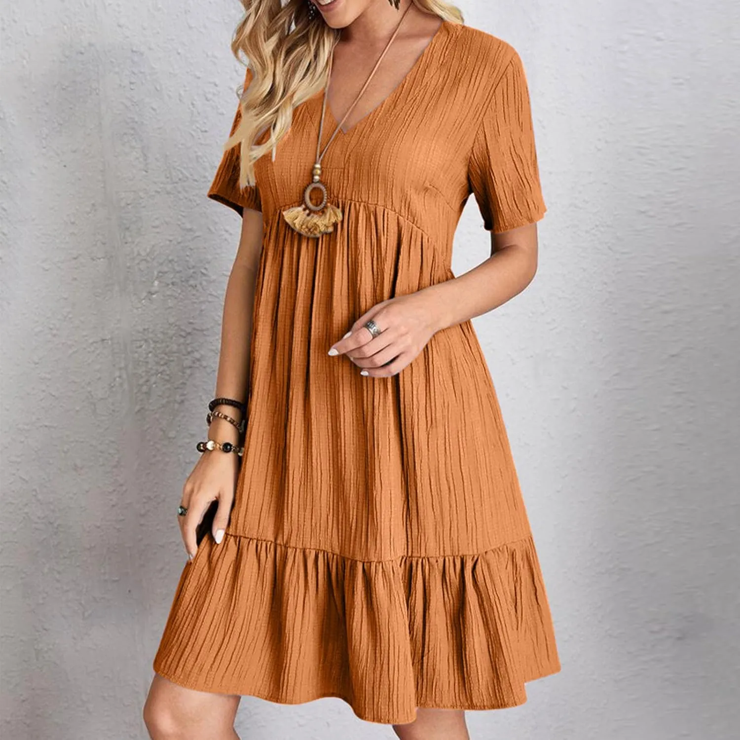 Summer Dresses for Women Casual Short Sleeve V-Neck Solid Sundress Loose Fit Pleated Vacation Beach Dress