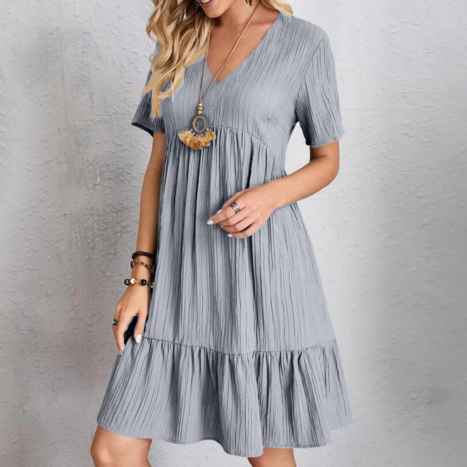 Summer Dresses for Women Casual Short Sleeve V-Neck Solid Sundress Loose Fit Pleated Vacation Beach Dress
