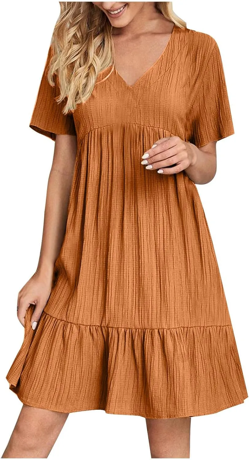 Summer Dresses for Women Casual Short Sleeve V-Neck Solid Sundress Loose Fit Pleated Vacation Beach Dress