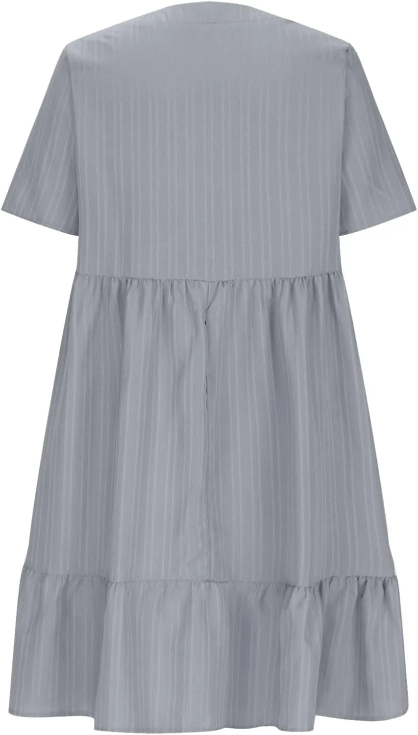 Summer Dresses for Women Casual Short Sleeve V-Neck Solid Sundress Loose Fit Pleated Vacation Beach Dress