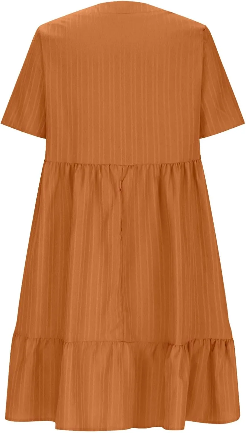 Summer Dresses for Women Casual Short Sleeve V-Neck Solid Sundress Loose Fit Pleated Vacation Beach Dress