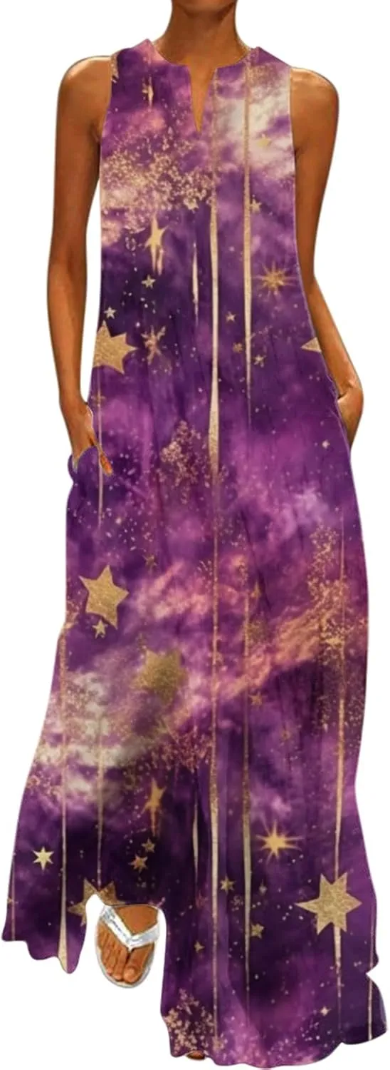 Sundresses for Women 2024 V Neck Floral Print Maxi Dresses with Pockets Flowy Sun Dress Plus Size Summer Dresses