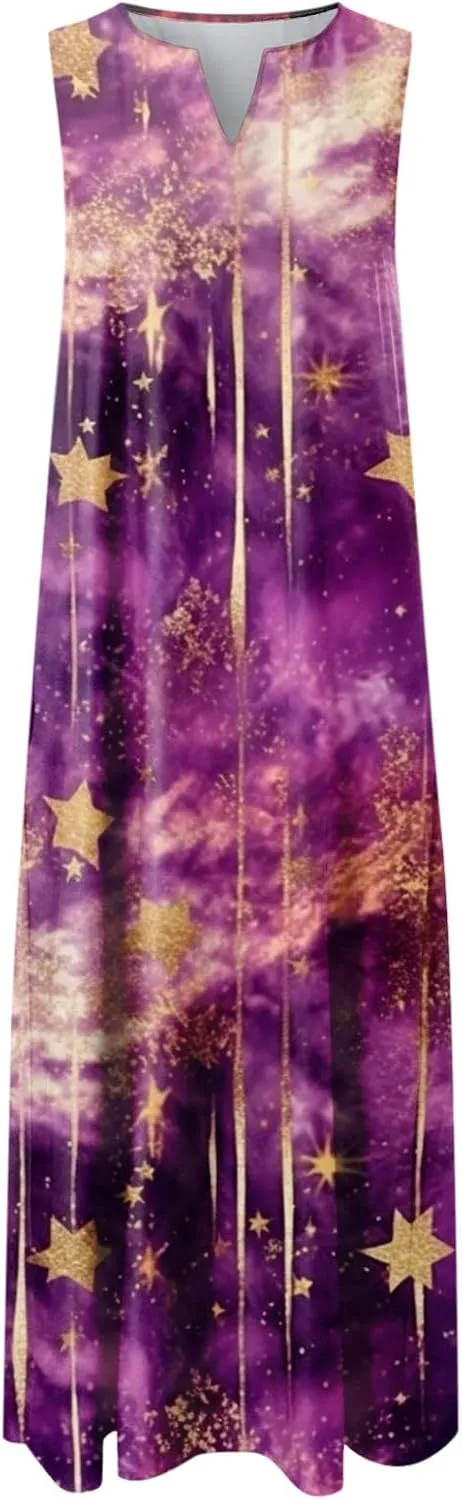 Sundresses for Women 2024 V Neck Floral Print Maxi Dresses with Pockets Flowy Sun Dress Plus Size Summer Dresses