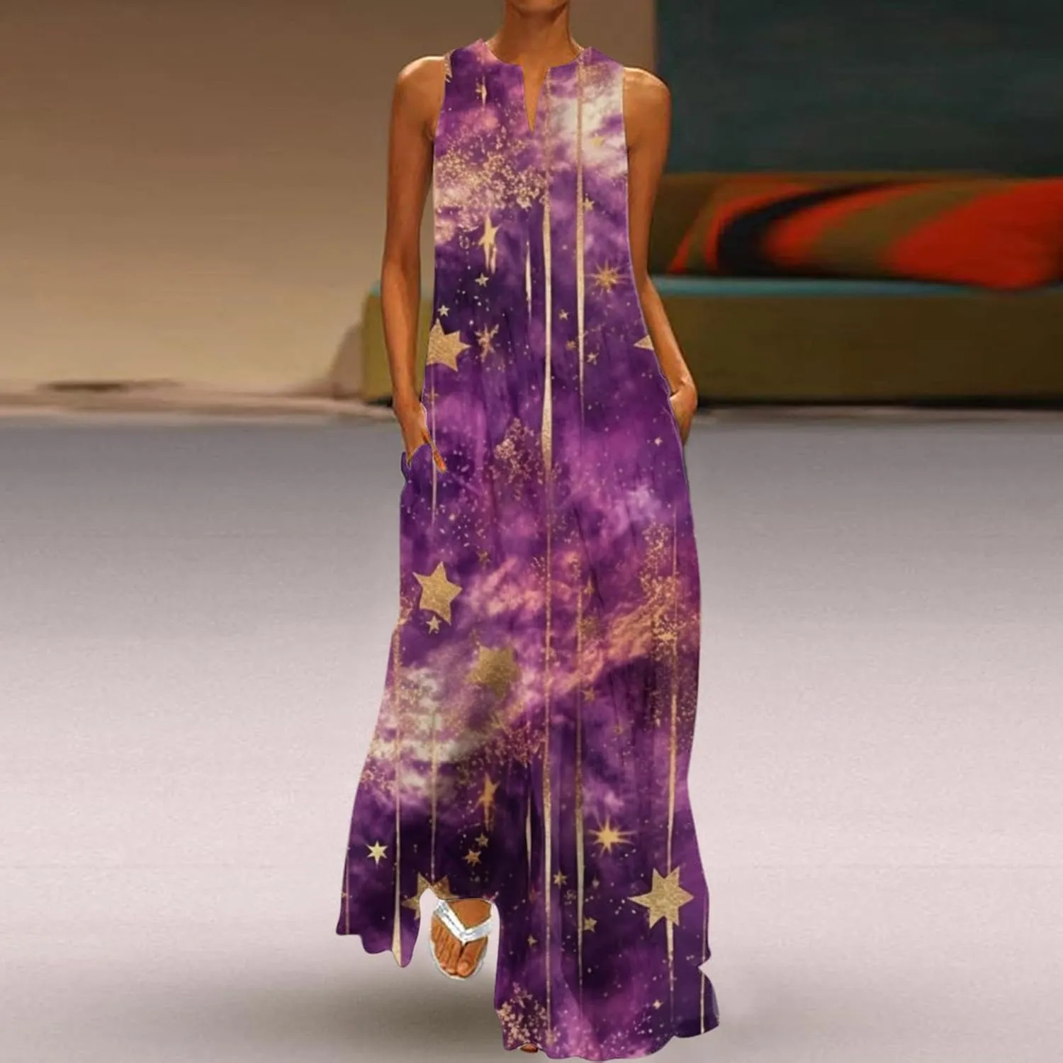 Sundresses for Women 2024 V Neck Floral Print Maxi Dresses with Pockets Flowy Sun Dress Plus Size Summer Dresses