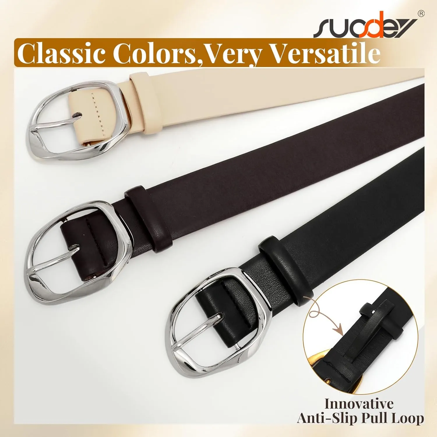 SUOSDEY Leather Belts for Women, Ladies Waist Belt with Liquid Shape Buckle for Jeans Pants Dresses,1.4" width