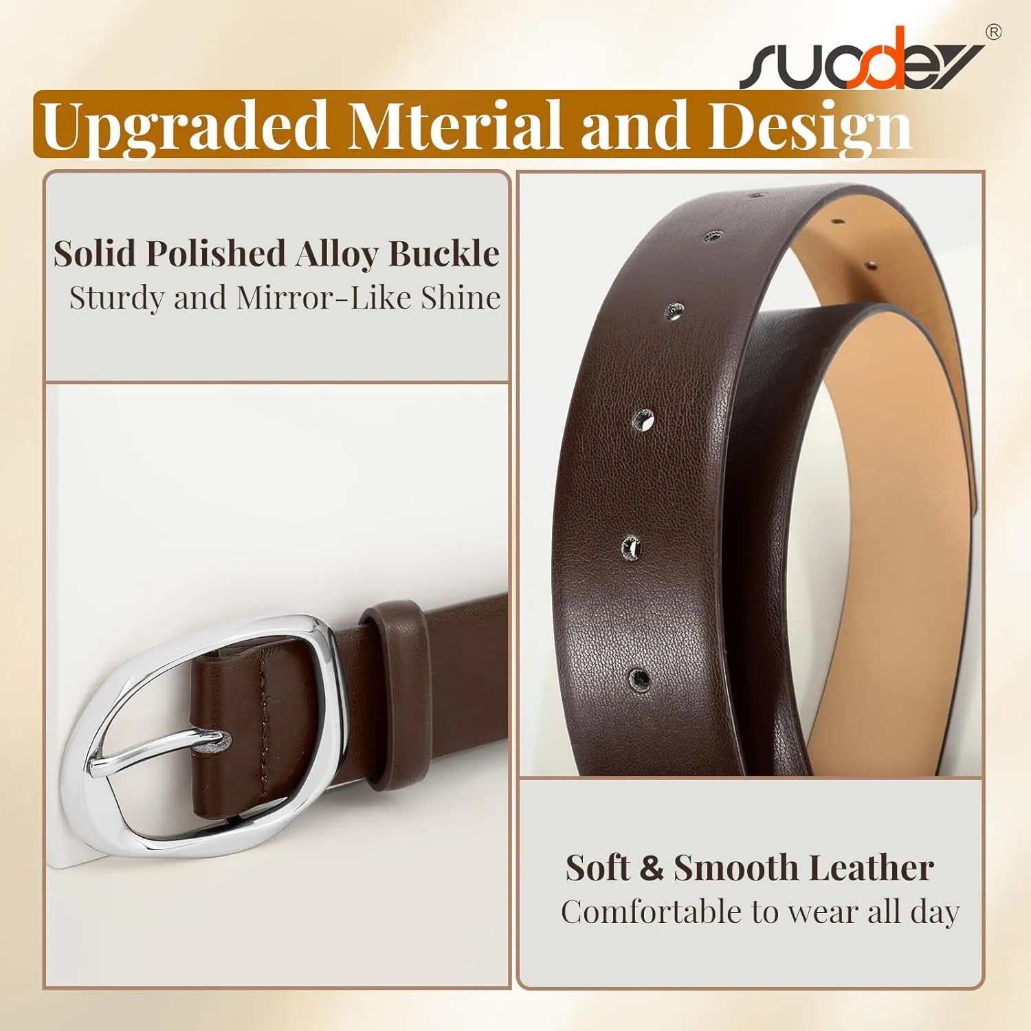 SUOSDEY Leather Belts for Women, Ladies Waist Belt with Liquid Shape Buckle for Jeans Pants Dresses,1.4" width