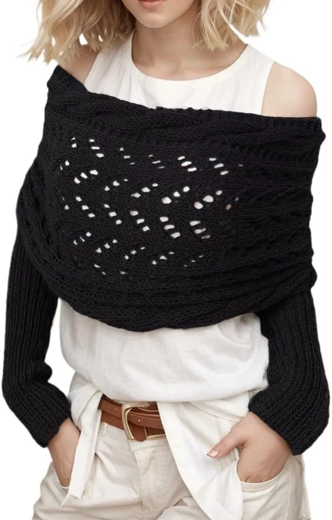 Sweater Scarf with Sleeves for Women Multi-Use Knitted Cable Wrap Shrugs Crochet Fashion Shawl Cape
