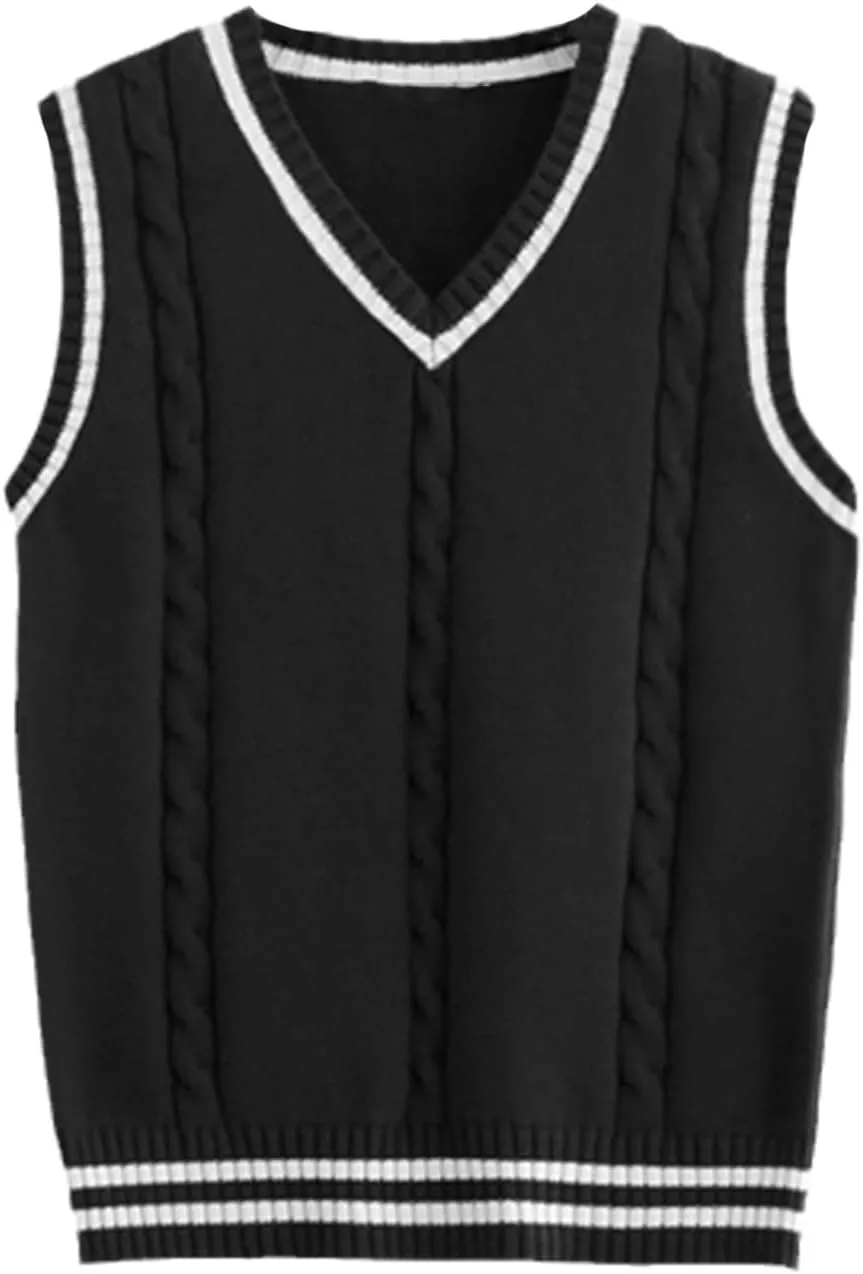 Sweater Vest Men Patchwork V-Neck Oversize Mens Vests Chic Daily Streetwear Leisure Retro Knitted