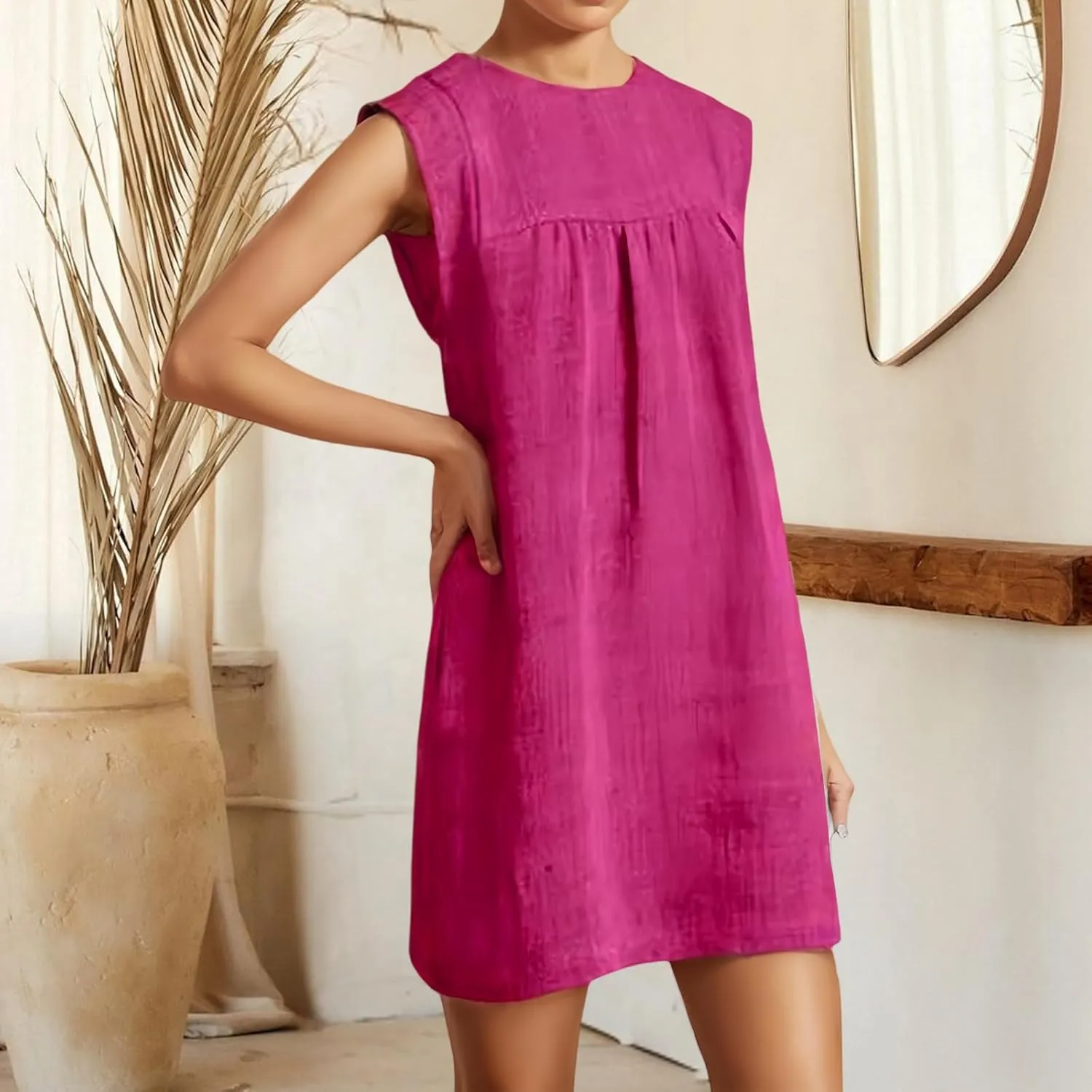 T Shirt Dresses for Women Casual Summer Midi Dress Cotton Linen Short Dress Sleeveless Beach Vacation Sundress Fashion