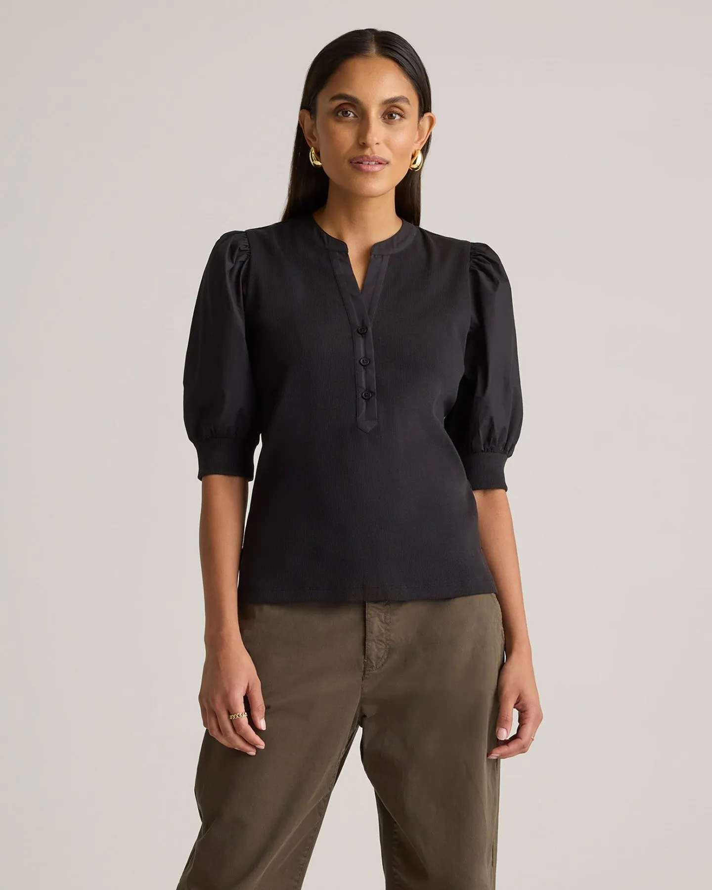 Tencel Cotton Mixed Media Puff Sleeve Top