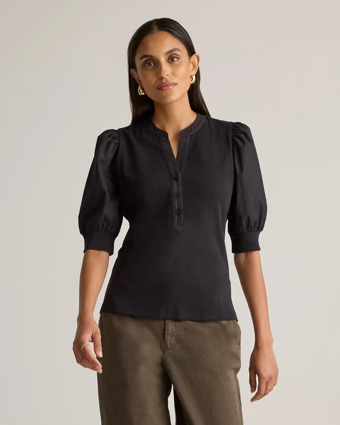Tencel Cotton Mixed Media Puff Sleeve Top