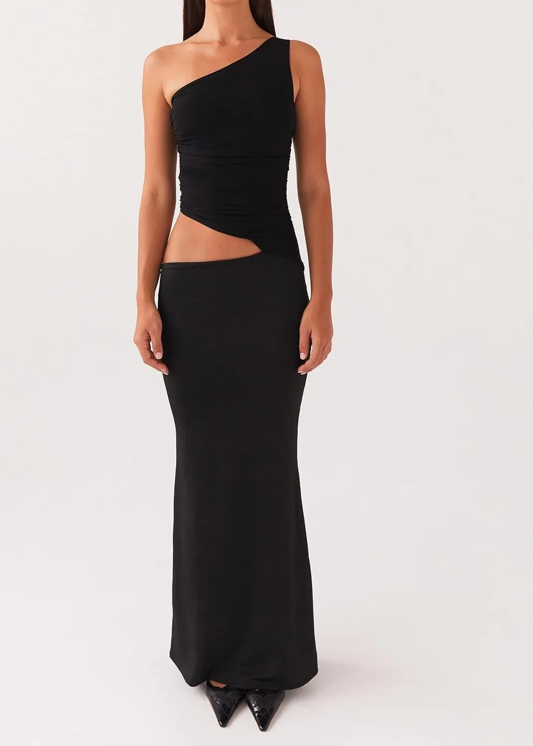 UAURORAO Women Elegant Cut Out Maxi Dress One Shoulder Ruched Patchwork Hollowed Bodycon Dress Sexy Long Cocktail Dress