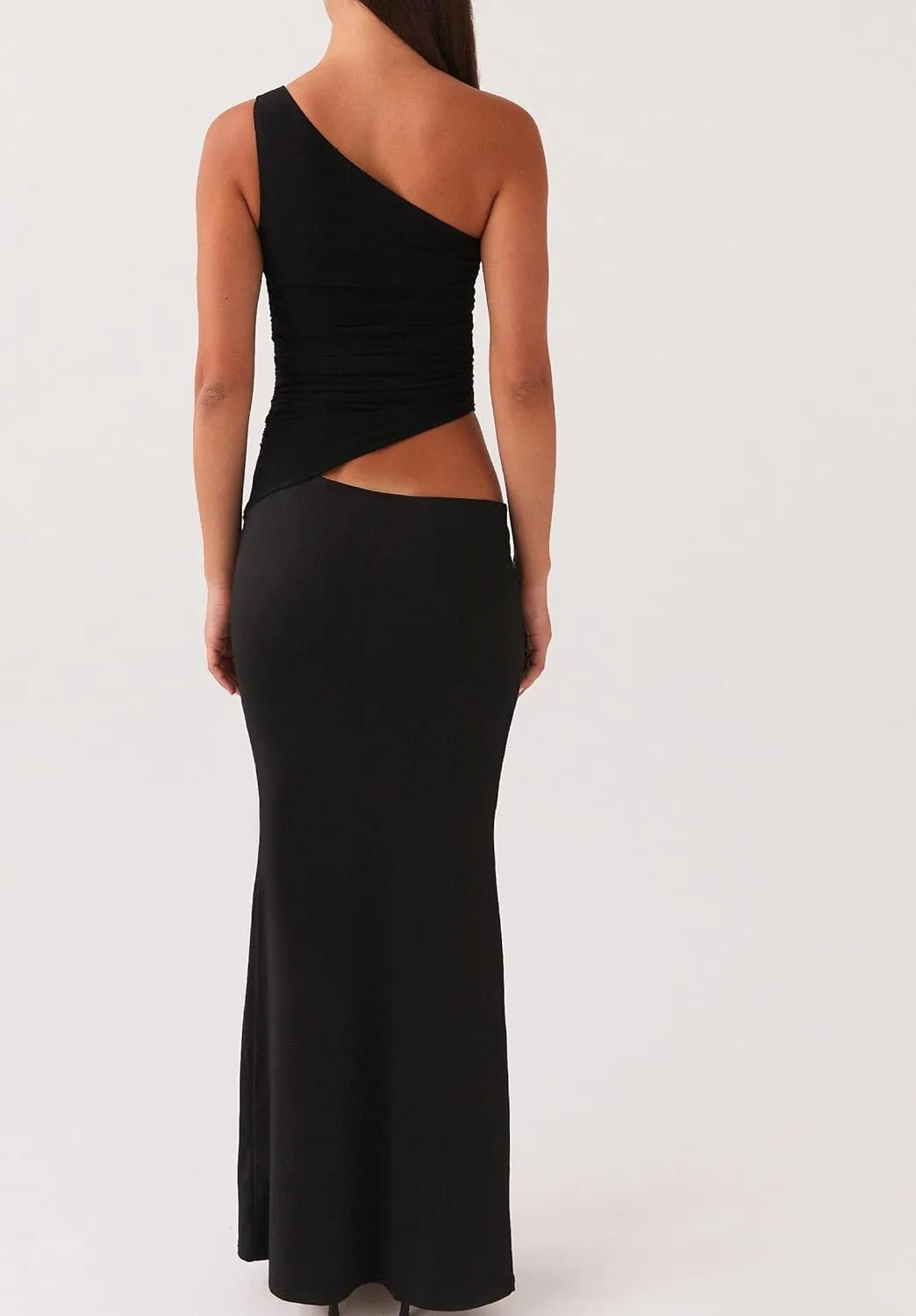 UAURORAO Women Elegant Cut Out Maxi Dress One Shoulder Ruched Patchwork Hollowed Bodycon Dress Sexy Long Cocktail Dress