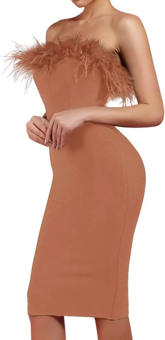 UONBOX Women's Elegant Strapless Feather Fashion Bodycon Bandage Tube Dress
