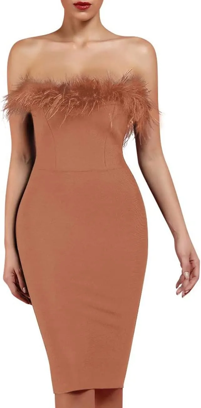UONBOX Women's Elegant Strapless Feather Fashion Bodycon Bandage Tube Dress