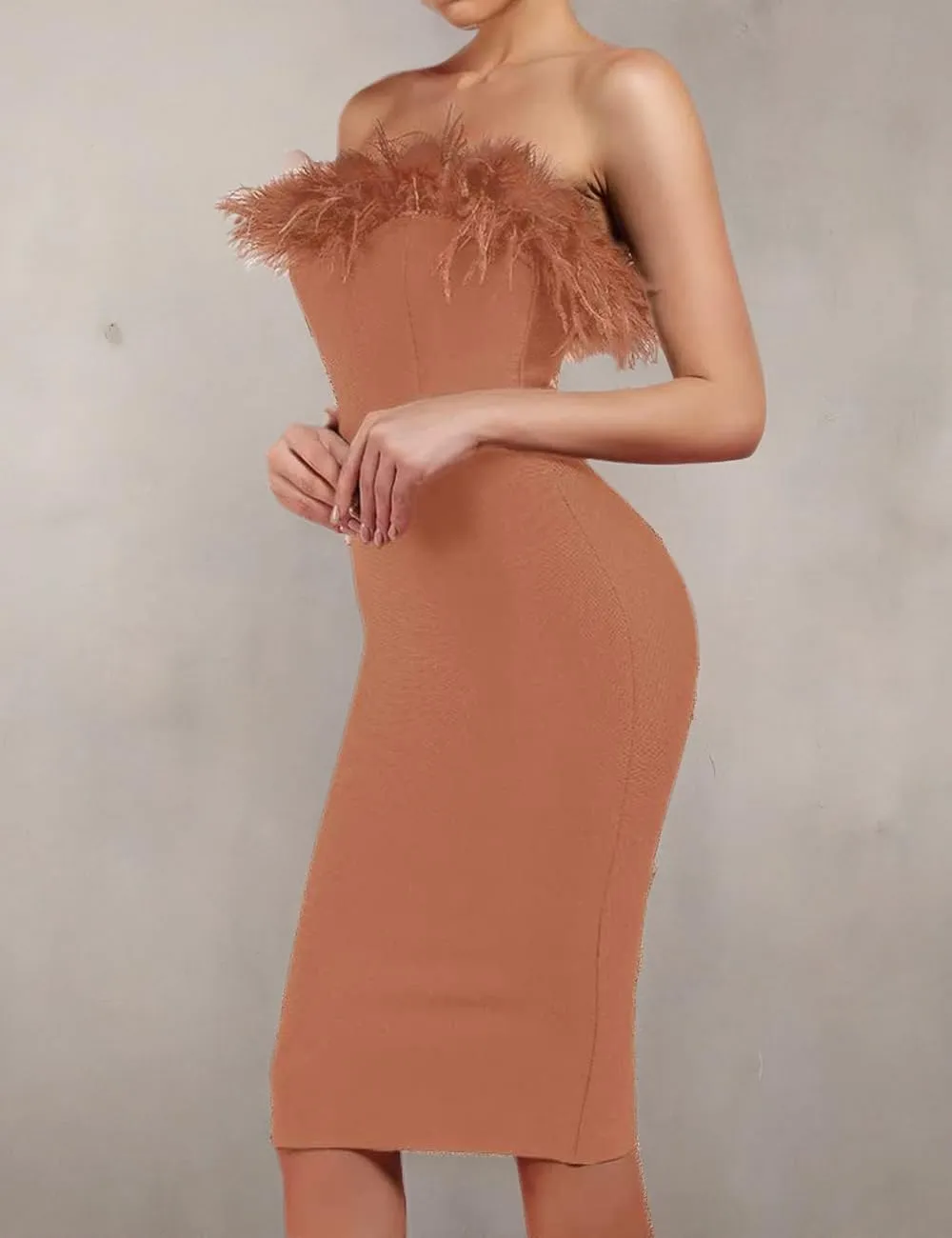 UONBOX Women's Elegant Strapless Feather Fashion Bodycon Bandage Tube Dress