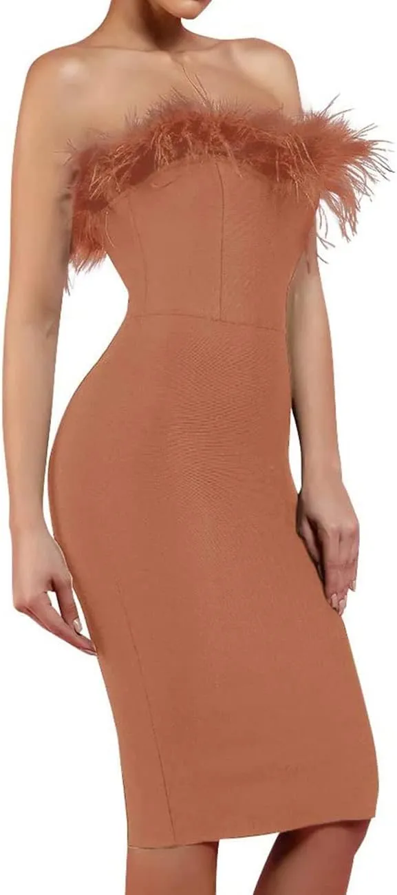 UONBOX Women's Elegant Strapless Feather Fashion Bodycon Bandage Tube Dress