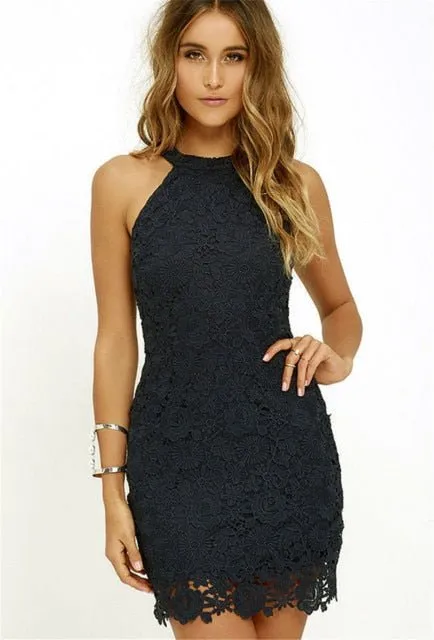 Vibrant Elegant Lace Sleeveless Halter Style Short Sheath Dress