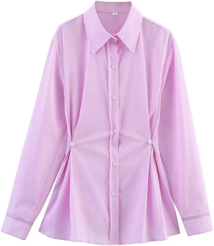 Waist Button Solid Color Blouse Loose Casual Long Sleeve Chic Shirts Lapel Office Lady Work Top