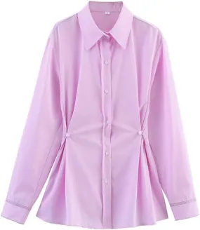 Waist Button Solid Color Blouse Loose Casual Long Sleeve Chic Shirts Lapel Office Lady Work Top