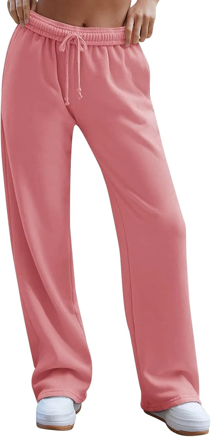 Wide Leg Sweatpants Women High Waisted Linen Pants Drawstring Workout Baggy Sweatpants Comfy Lounge Pants with Pocket