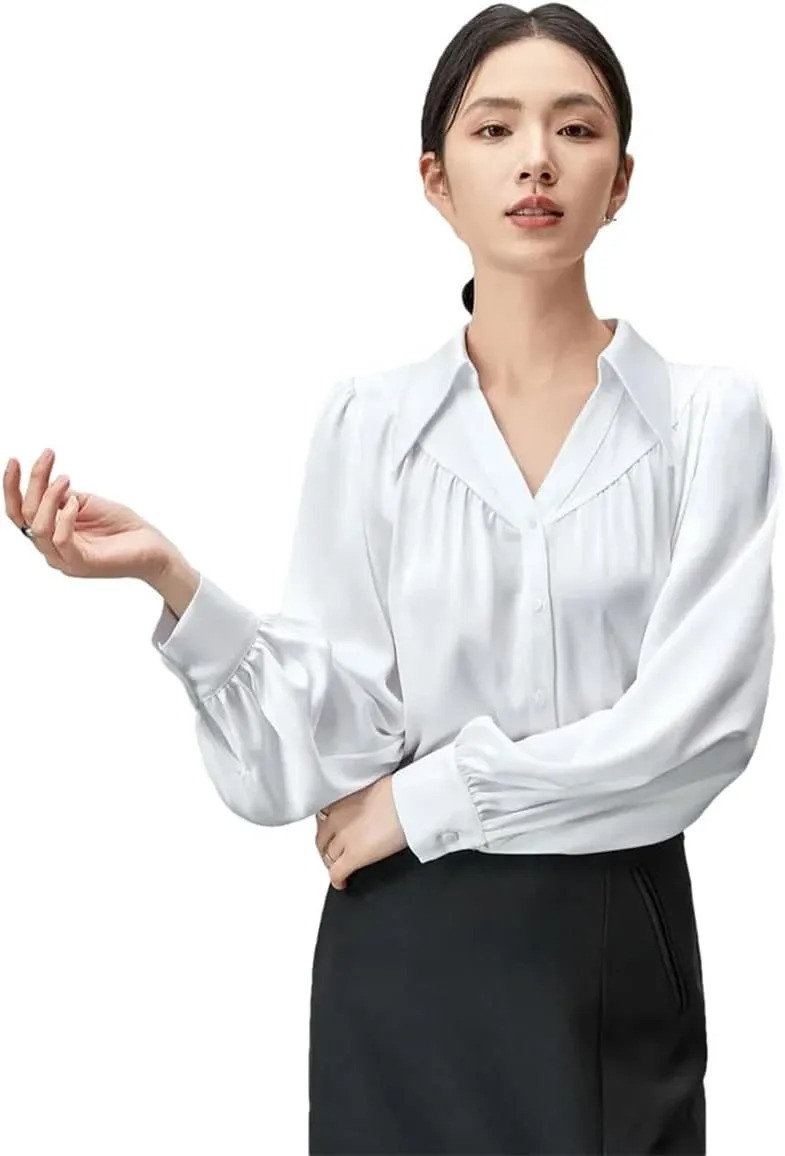 Women Satin Long Sleeve Shirt Elegant Loose Lapel Folds Blouse Solid Color Office Lady Chic Top