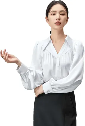 Women Satin Long Sleeve Shirt Elegant Loose Lapel Folds Blouse Solid Color Office Lady Chic Top
