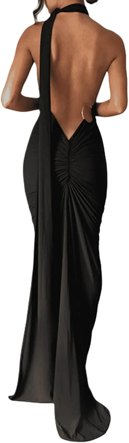 Women Sexy Backless Dress Bodycon Sleeveless Open Back Maxi Dress Going Out Elegant Party Cocktail Long Dress