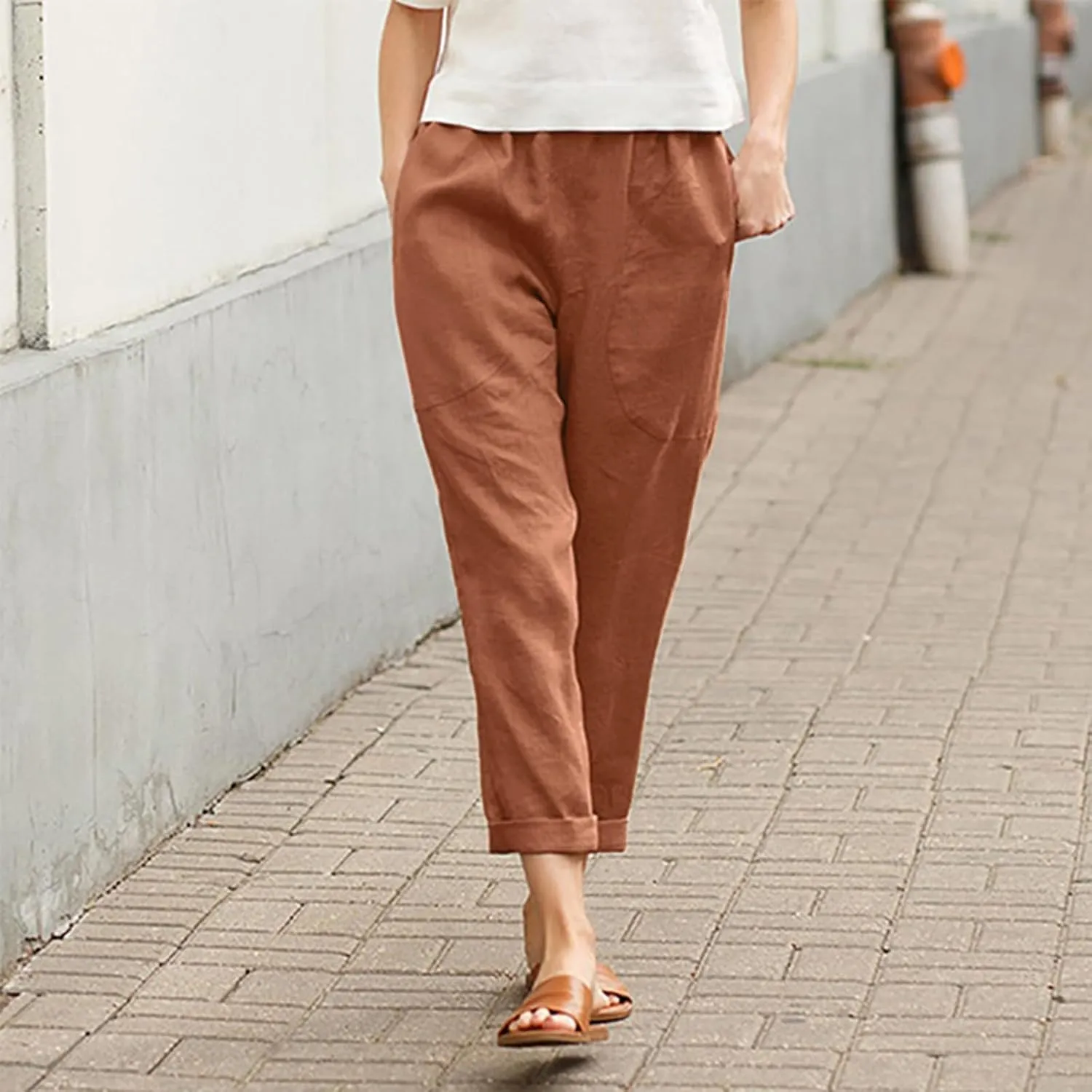 Women Summer Casual Pants Cotton Linen Solid Color Trousers Straight Leg Cropped Pants Plus Size Workout Pants