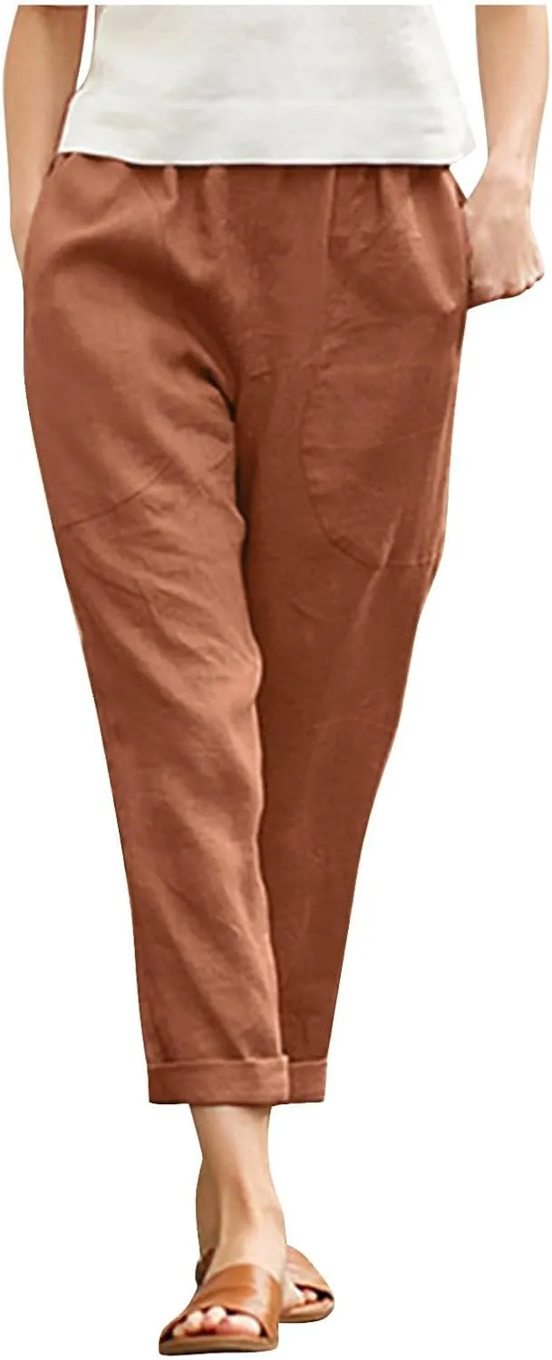 Women Summer Casual Pants Cotton Linen Solid Color Trousers Straight Leg Cropped Pants Plus Size Workout Pants