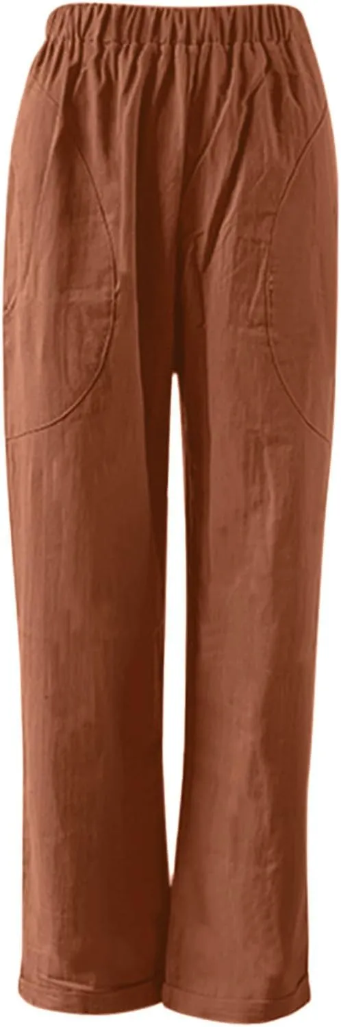 Women Summer Casual Pants Cotton Linen Solid Color Trousers Straight Leg Cropped Pants Plus Size Workout Pants
