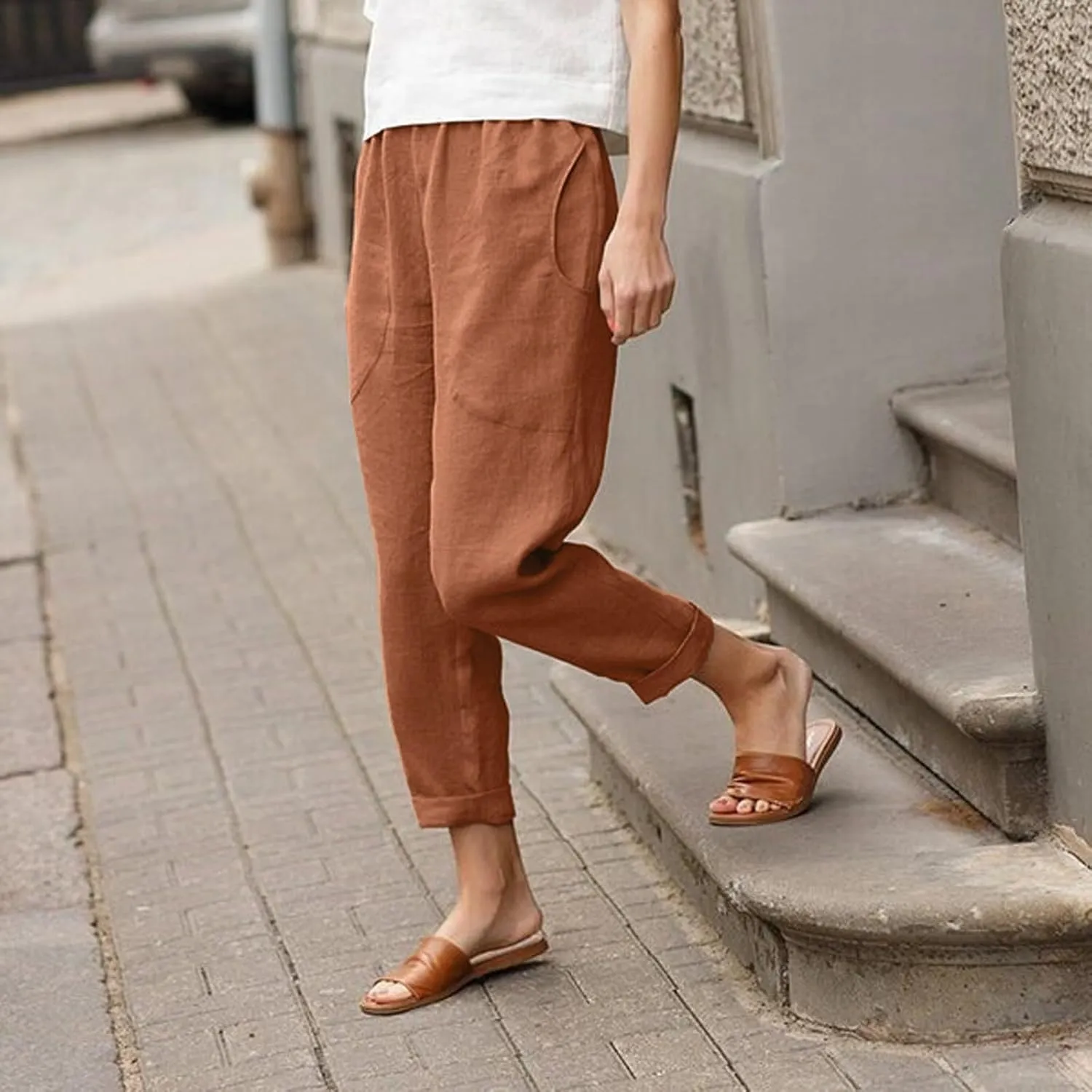 Women Summer Casual Pants Cotton Linen Solid Color Trousers Straight Leg Cropped Pants Plus Size Workout Pants