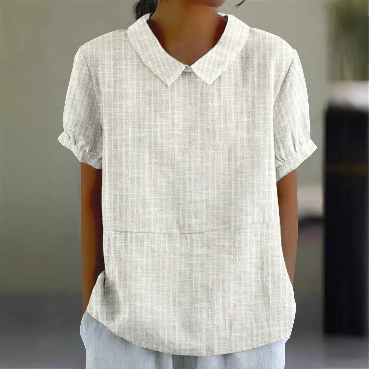 Womens Blouse Thin of Breathable Cotton and Linen Loose Large Size Thin Lapel Summer Retro Embroidered 3/4 Sleeve Tops