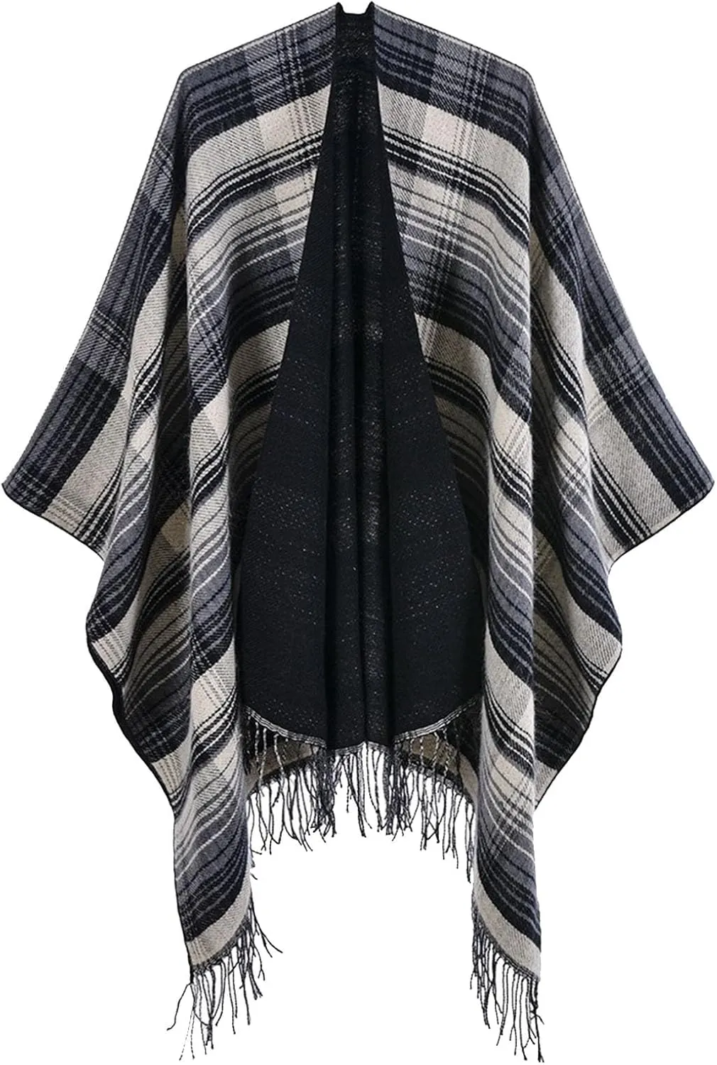 Women's Boho Open Front Poncho Cape Fall Winter Knitted Warm Plaid Pashmina Shawl Wrap Cape Tassel Cardigan Sweater