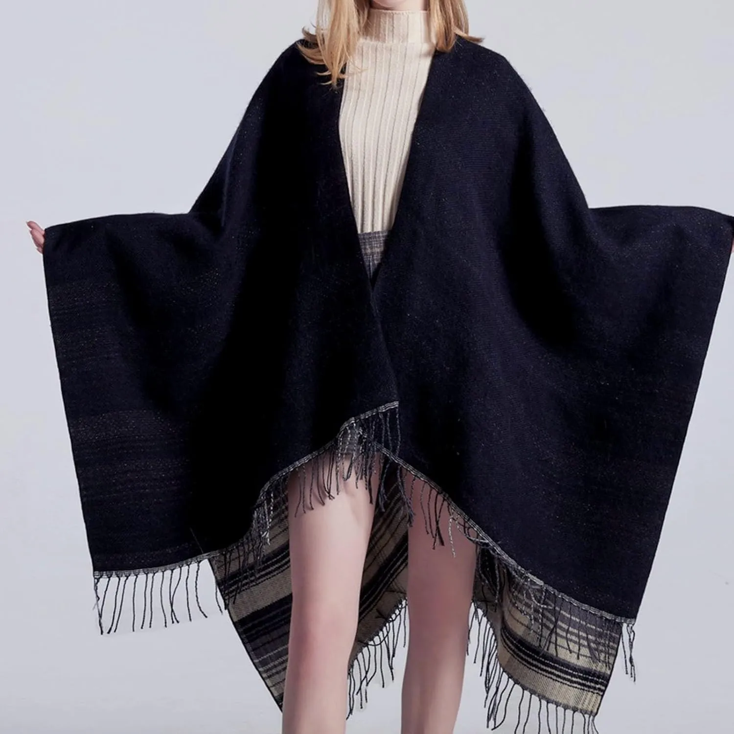 Women's Boho Open Front Poncho Cape Fall Winter Knitted Warm Plaid Pashmina Shawl Wrap Cape Tassel Cardigan Sweater