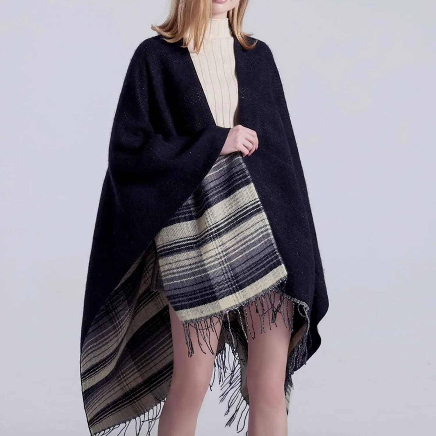 Women's Boho Open Front Poncho Cape Fall Winter Knitted Warm Plaid Pashmina Shawl Wrap Cape Tassel Cardigan Sweater