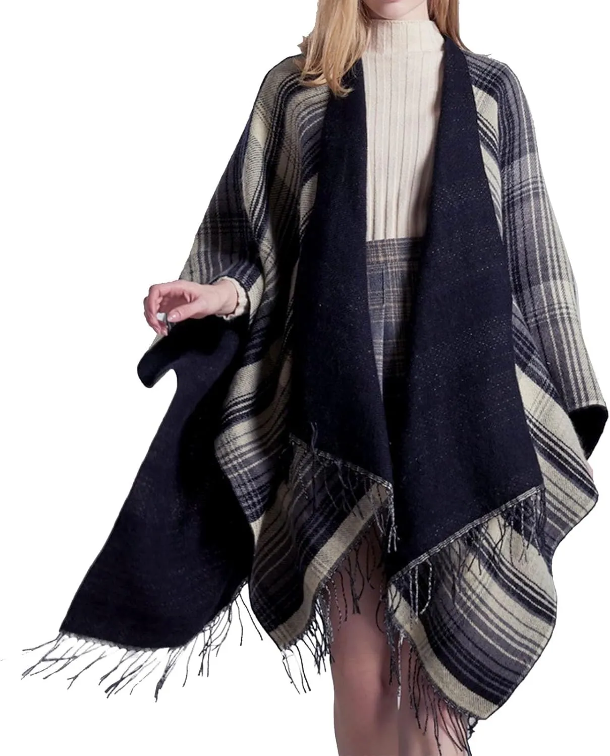 Women's Boho Open Front Poncho Cape Fall Winter Knitted Warm Plaid Pashmina Shawl Wrap Cape Tassel Cardigan Sweater