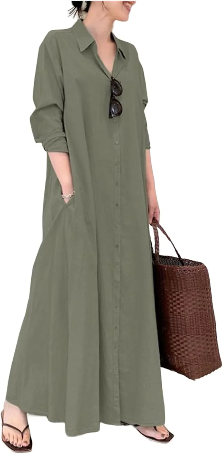 Women's Button Down Cotton Linen Shirt Dress with Pockets Cotton Linen Long Sleeve Casual Maxi Shirtdress Beach Dress