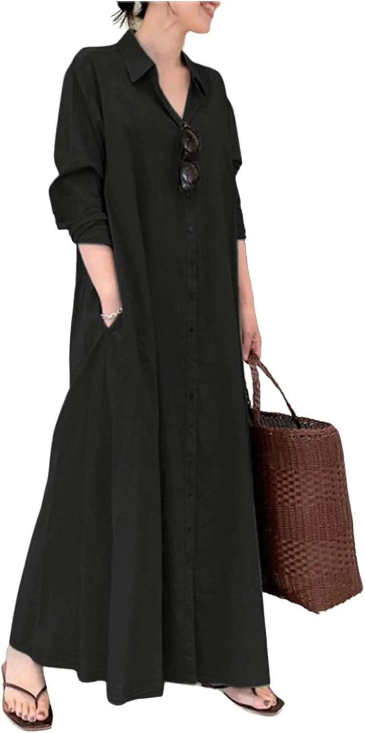 Women's Button Down Cotton Linen Shirt Dress with Pockets Cotton Linen Long Sleeve Casual Maxi Shirtdress Beach Dress