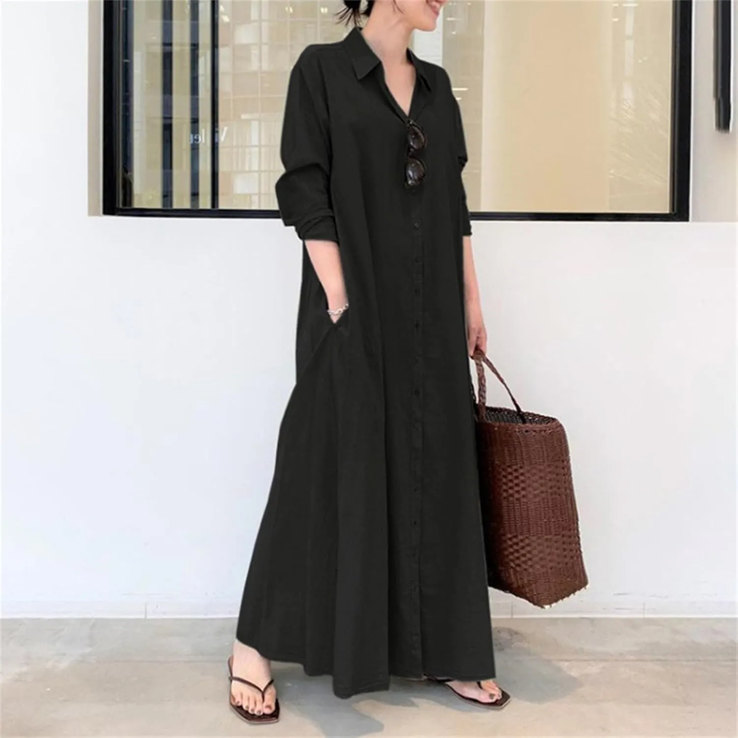 Women's Button Down Cotton Linen Shirt Dress with Pockets Cotton Linen Long Sleeve Casual Maxi Shirtdress Beach Dress