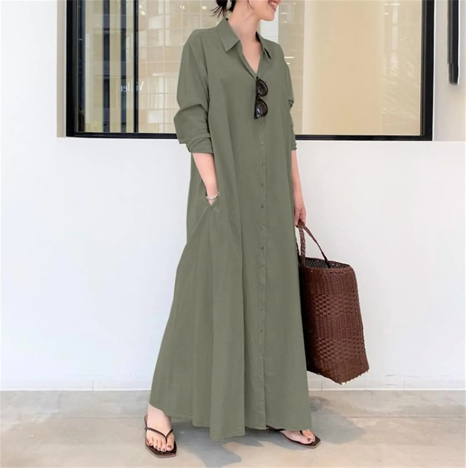 Women's Button Down Cotton Linen Shirt Dress with Pockets Cotton Linen Long Sleeve Casual Maxi Shirtdress Beach Dress