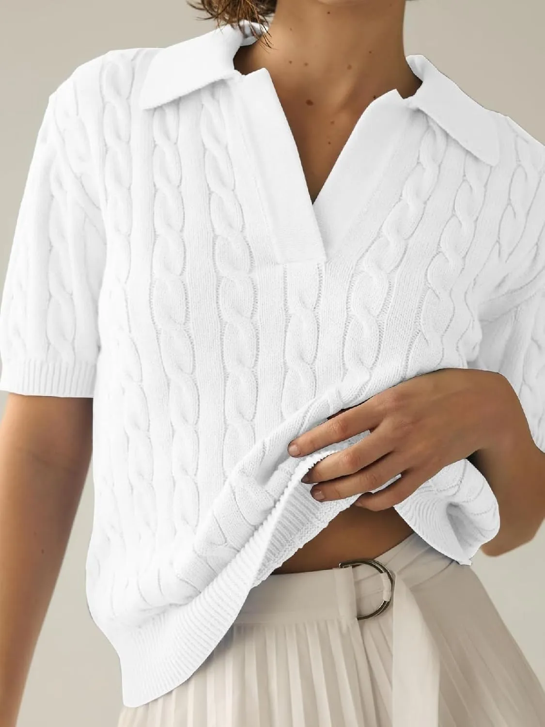 Womens Cable Knit Pullover Sweaters Solid Collared V Neck Elegant Boho Chic Casual Top Sweater