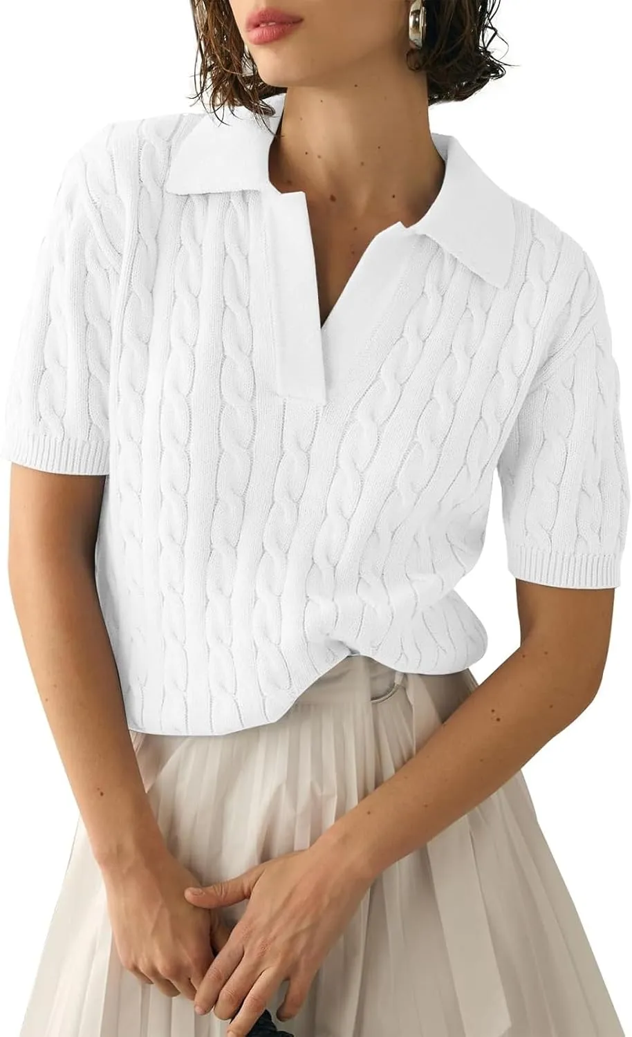 Womens Cable Knit Pullover Sweaters Solid Collared V Neck Elegant Boho Chic Casual Top Sweater