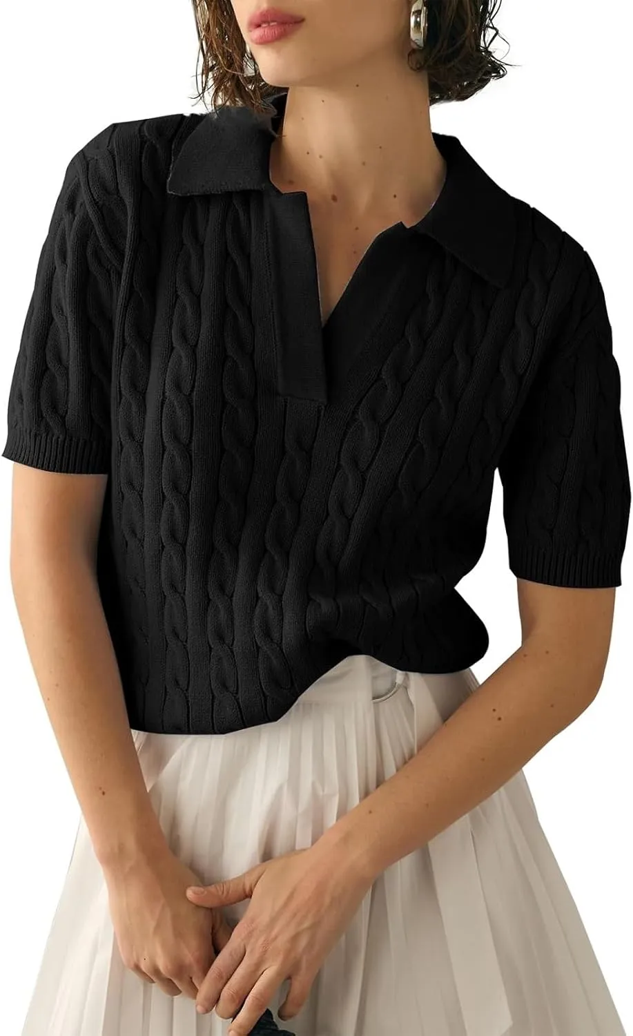 Womens Cable Knit Pullover Sweaters Solid Collared V Neck Elegant Boho Chic Casual Top Sweater