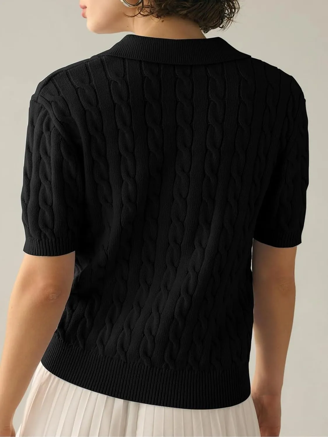Womens Cable Knit Pullover Sweaters Solid Collared V Neck Elegant Boho Chic Casual Top Sweater